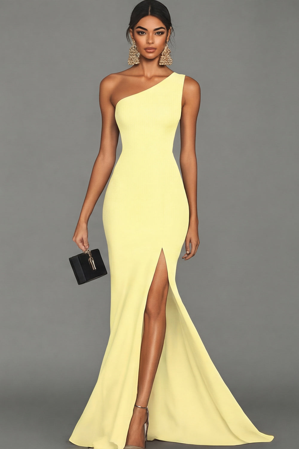 Robe de soirée sirène noire asymétrique avec fente