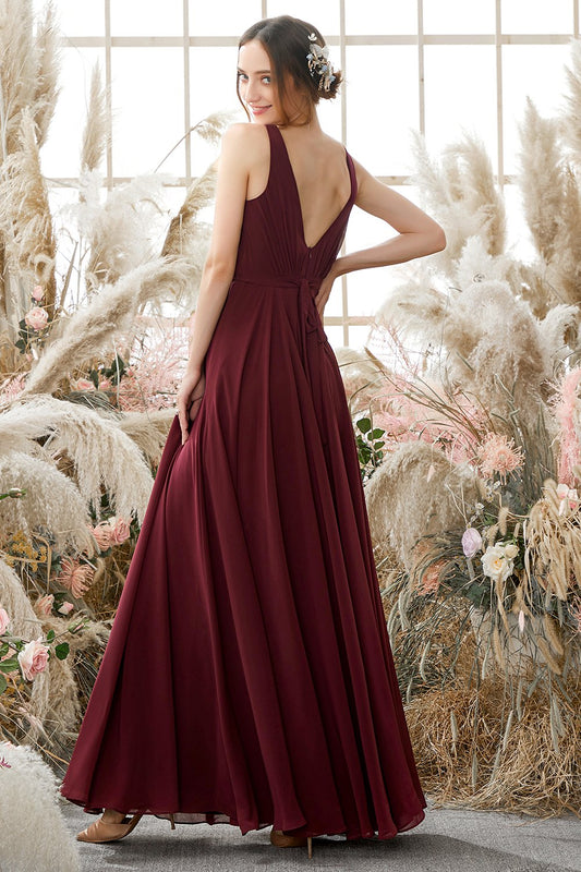 Burgundy V-Neck Chiffon Bridesmaid Dress