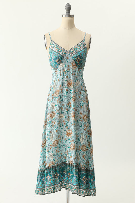 Vestido estilo bohemio azul con tirantes finos