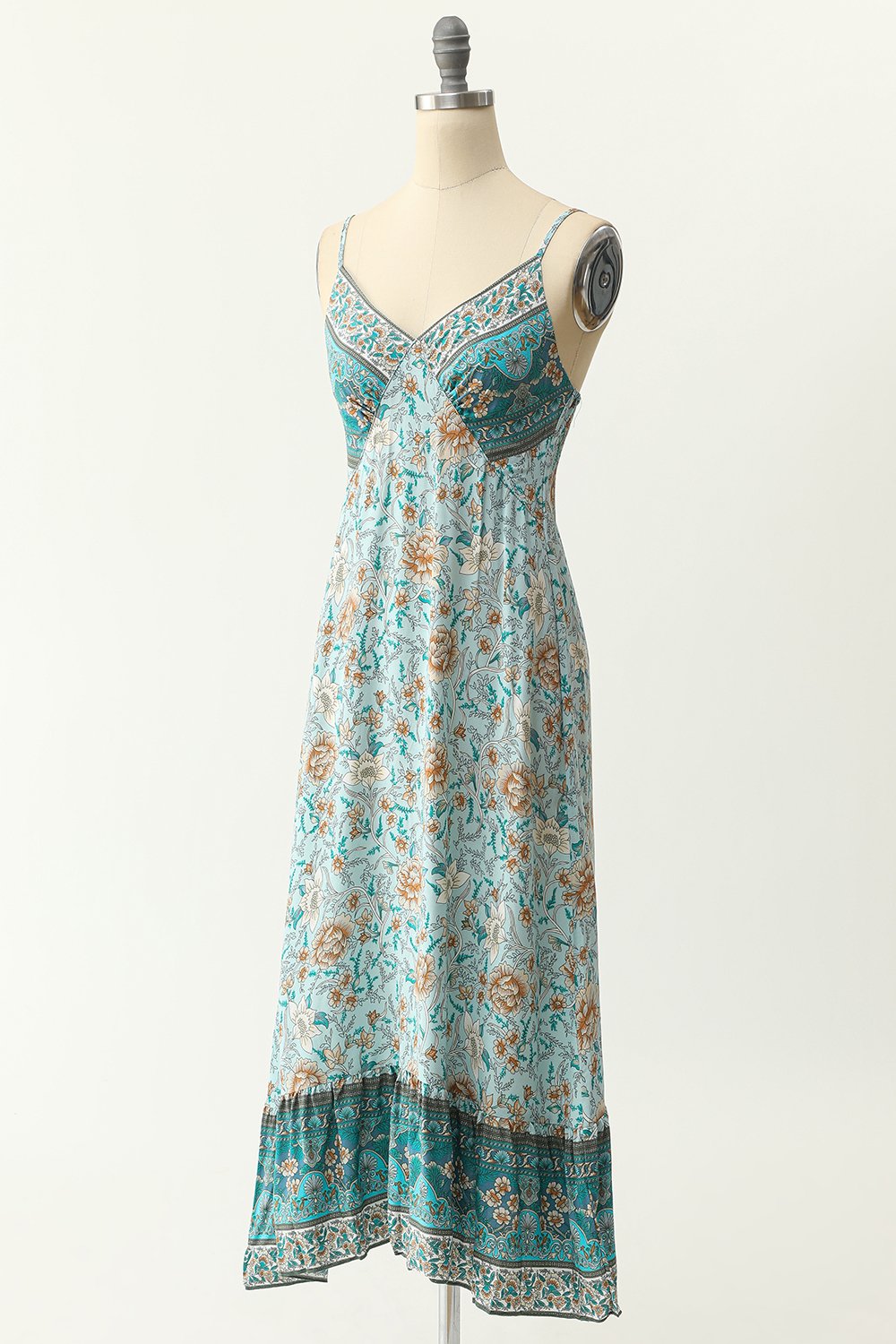 Robe bleue style bohème à fines bretelles