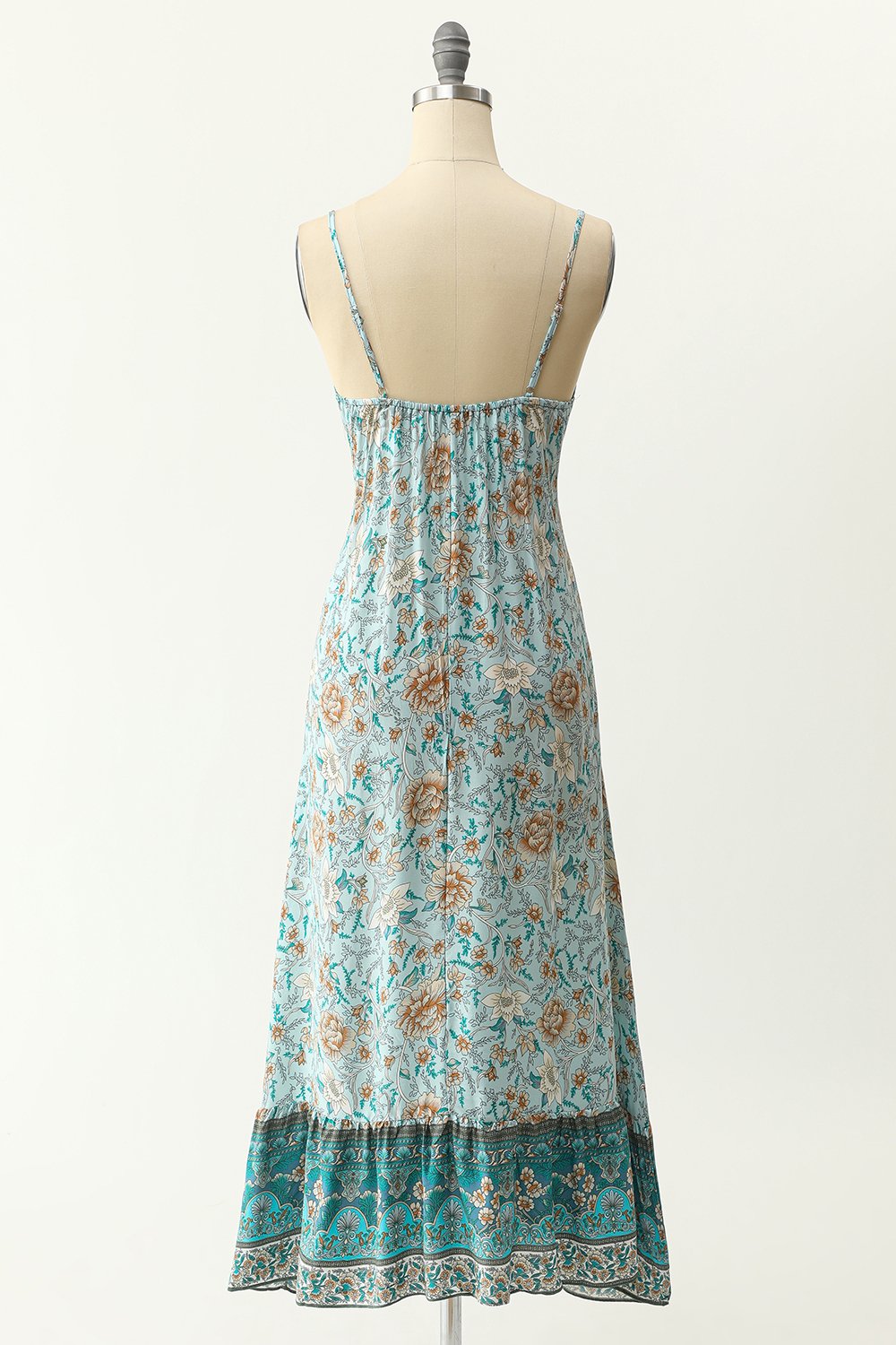 Robe bleue style bohème à fines bretelles