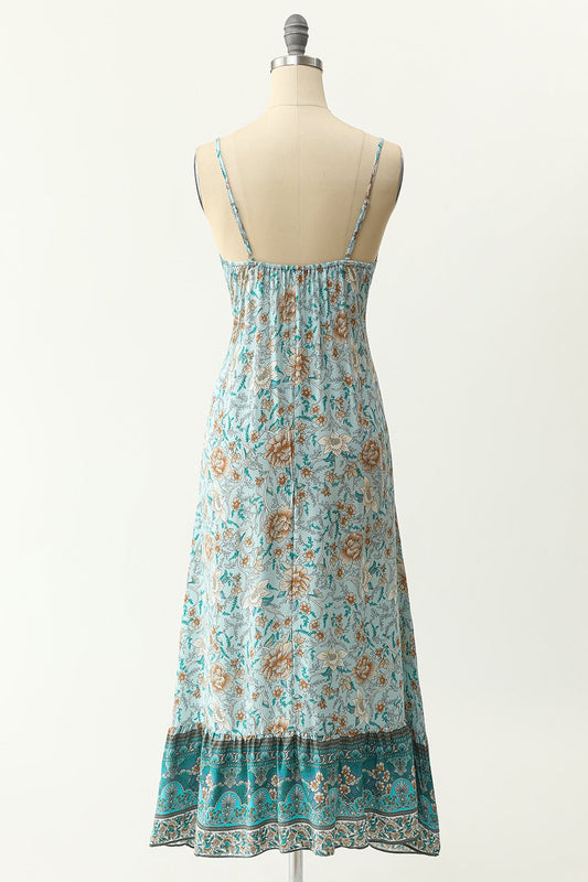Vestido estilo bohemio azul con tirantes finos