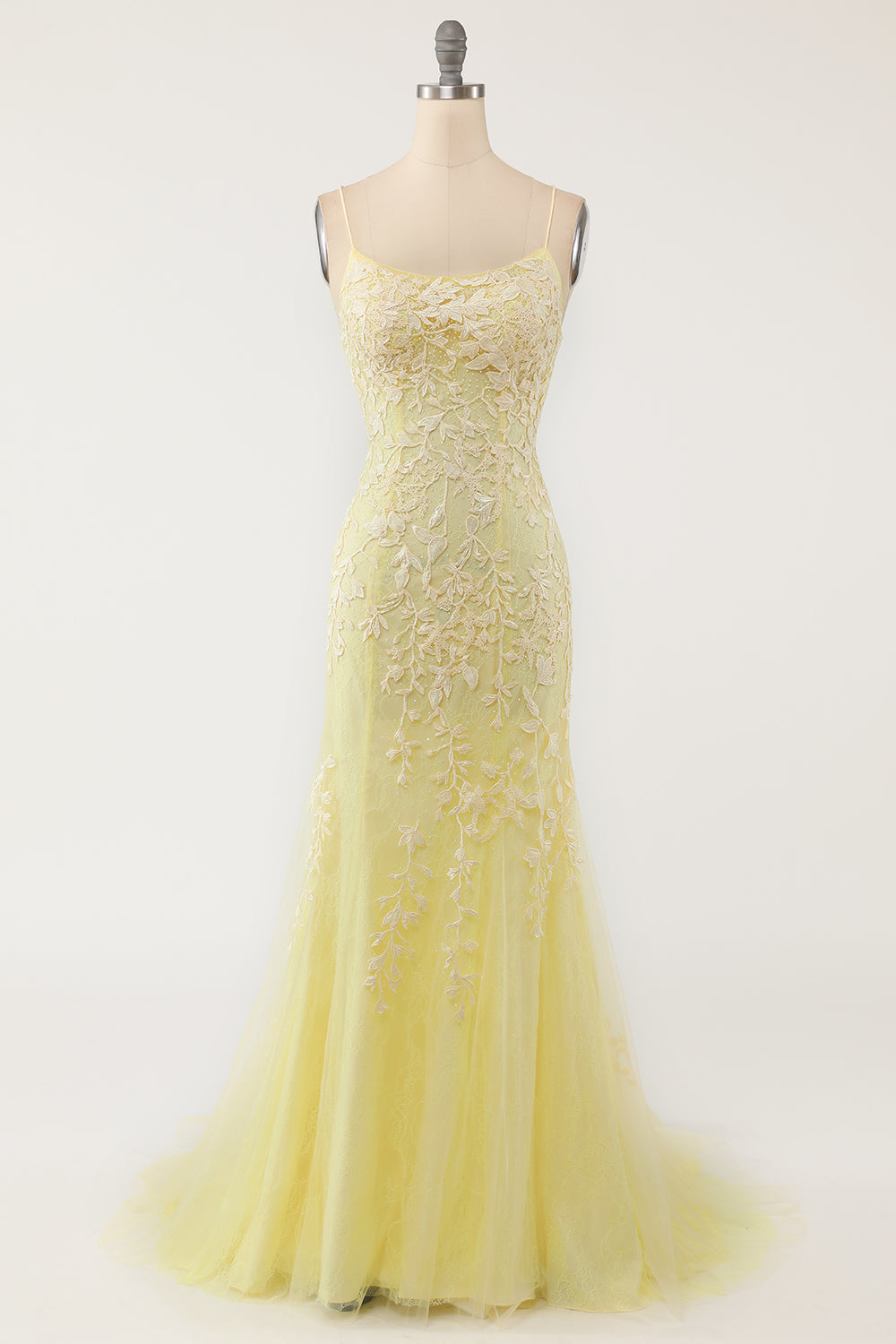 Robe de soirée sirène longue rose clair à bretelles spaghetti et appliques