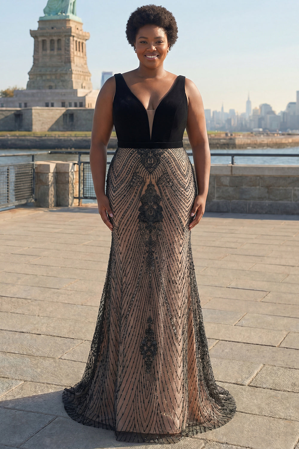 Deep V Neck Black Mermaid Long Plus Size Prom Dress with Open Back