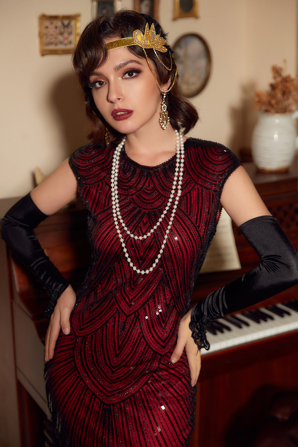 Robe Charleston Gatsby à franges pailletées rouges des années 20
