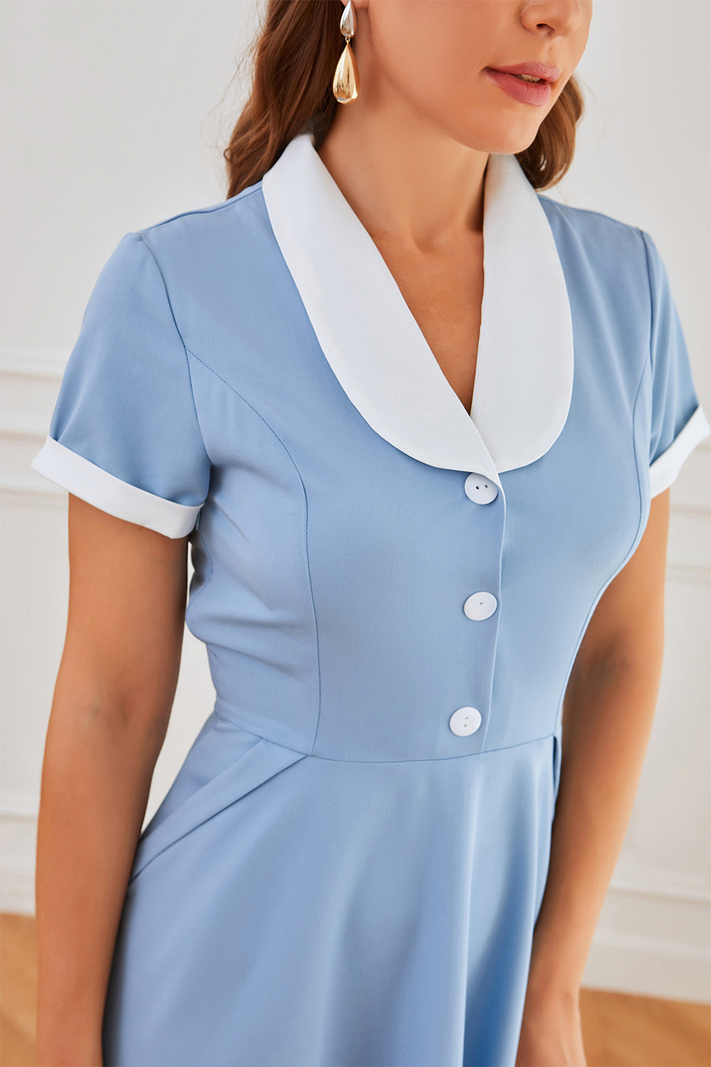 Robe Trapèze Bleue Années 50 avec Poches