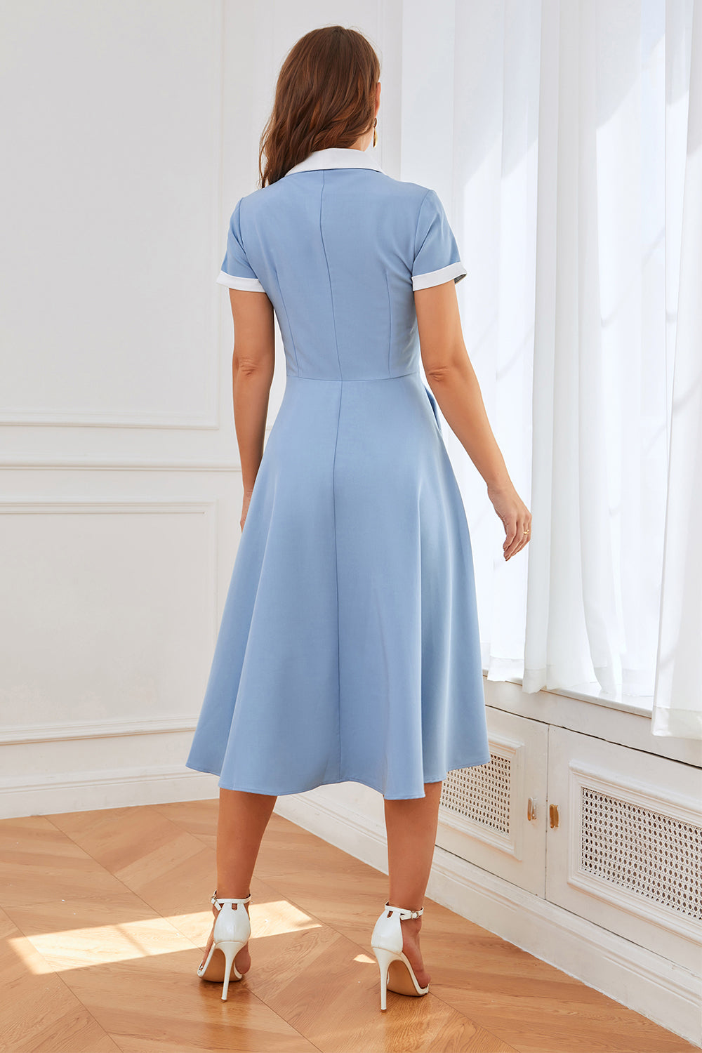 Robe Trapèze Bleue Années 50 avec Poches