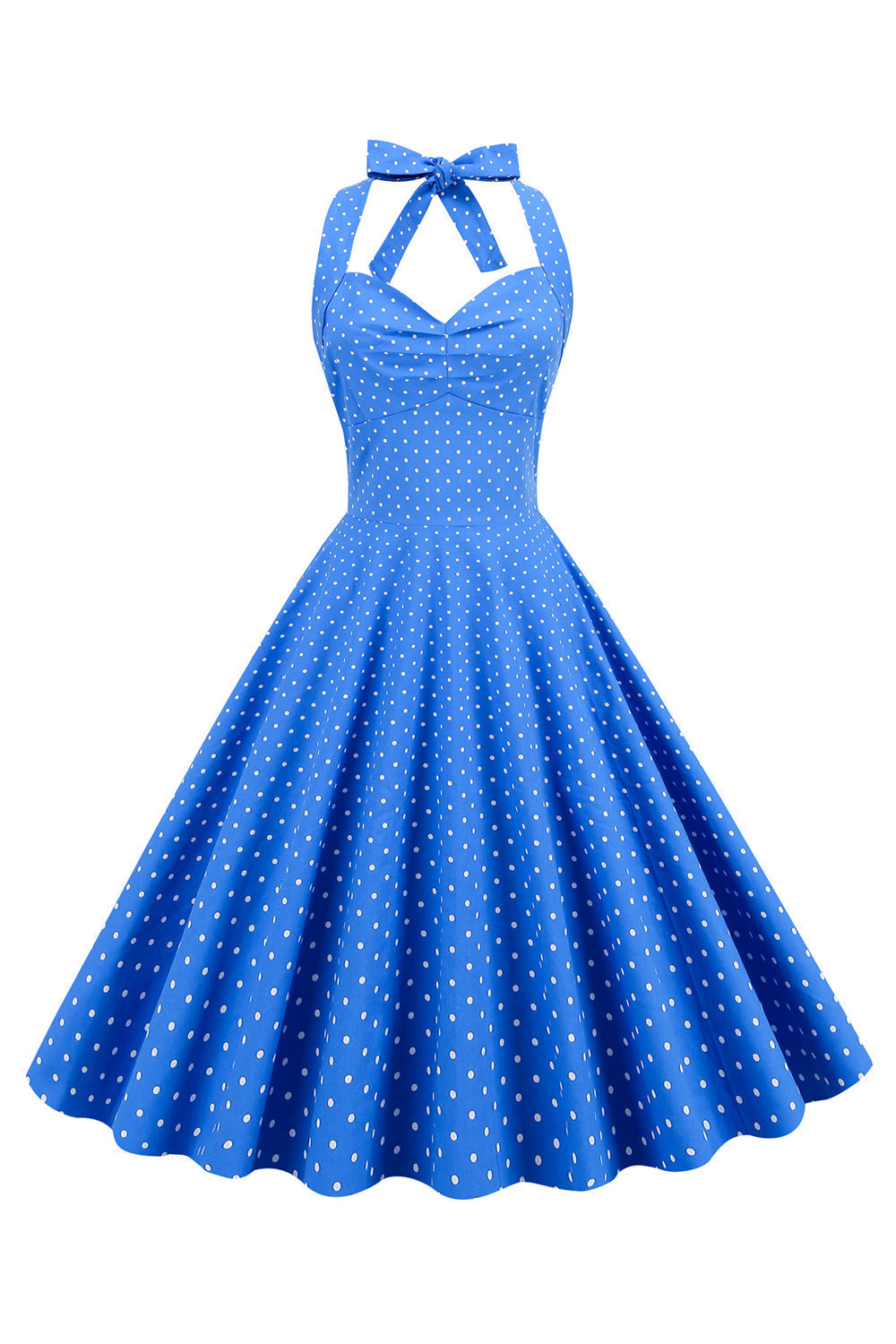 Robe Vintage Dos Nu à Pois Bleus et Col Halter