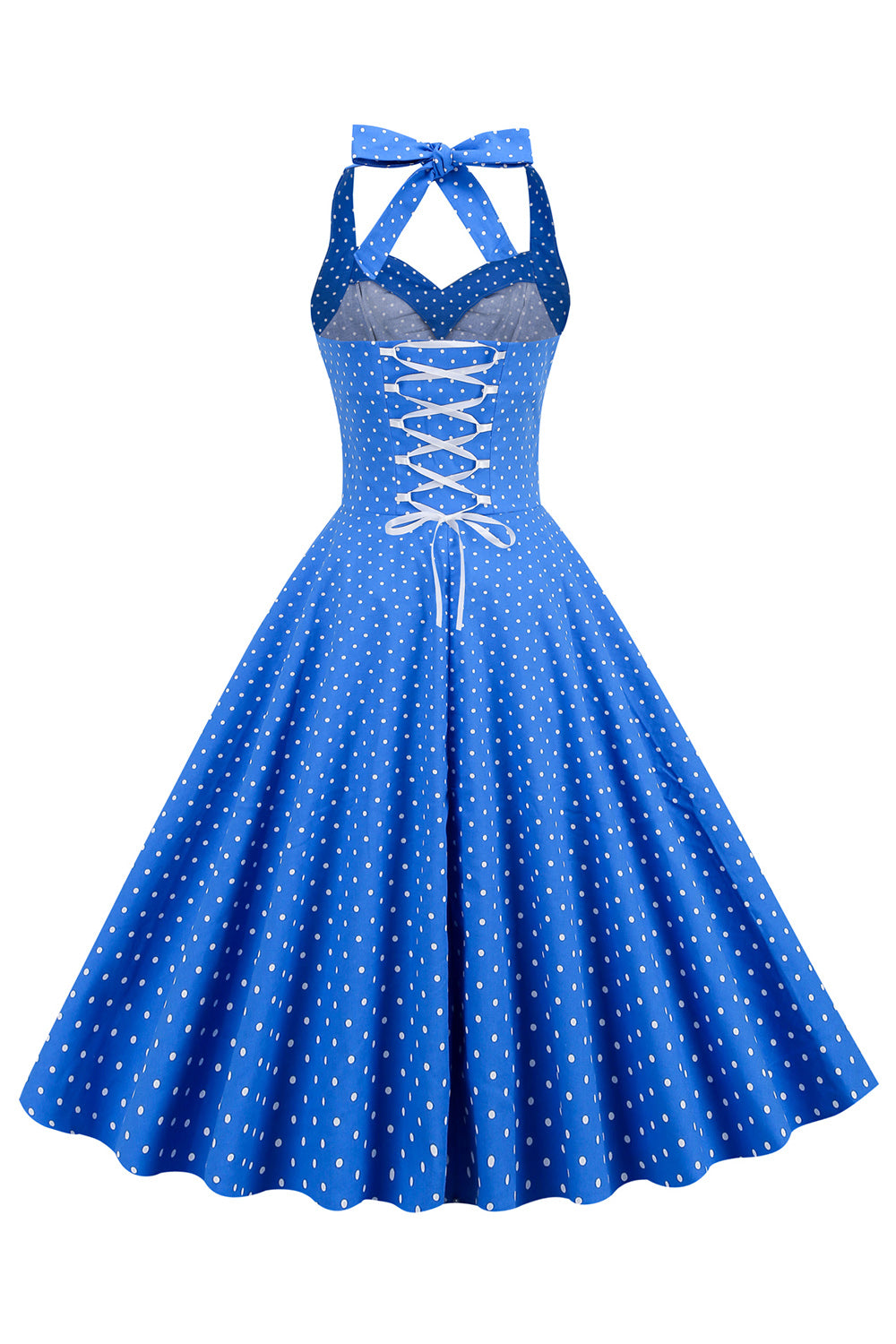Robe Vintage Dos Nu à Pois Bleus et Col Halter
