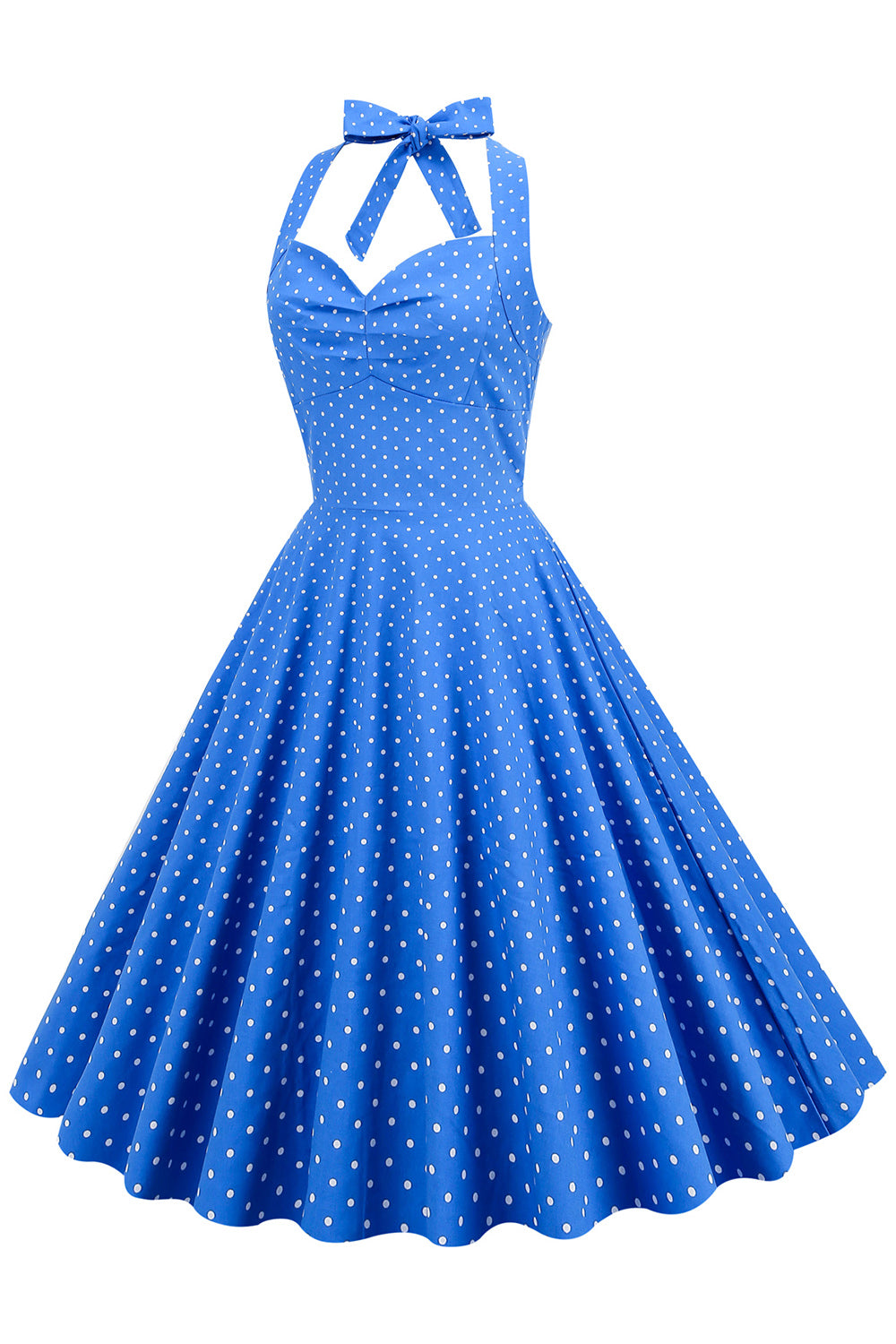 Robe Vintage Dos Nu à Pois Bleus et Col Halter
