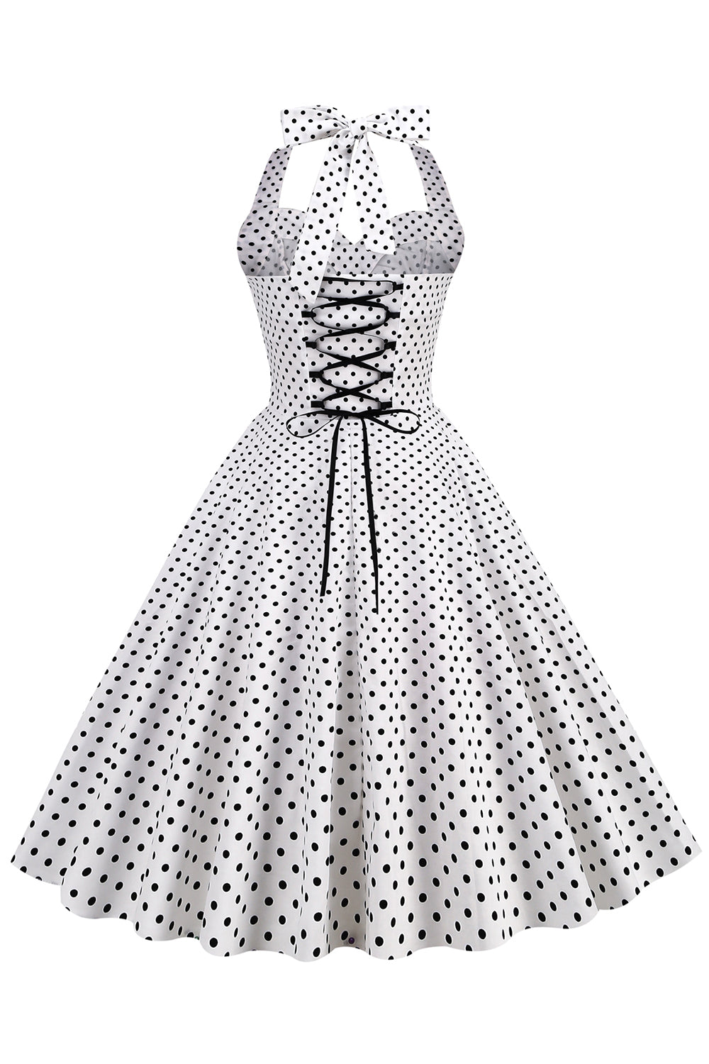 Robe Vintage Dos Nu à Pois Bleus et Col Halter