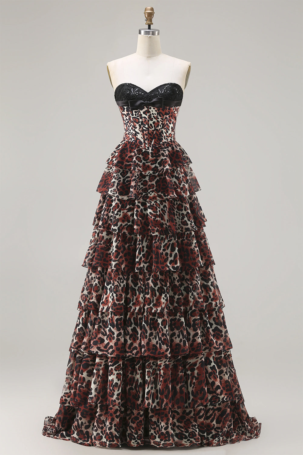 Brown Leopard A-Line Sweetheart Corset Tiered Long Prom Dress with Ruffles
