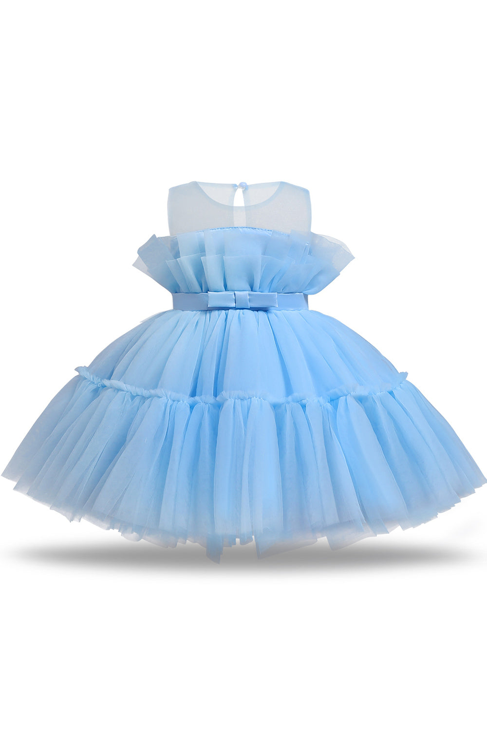 Robe de demoiselle d'honneur trapèze bleue en tulle avec nœud