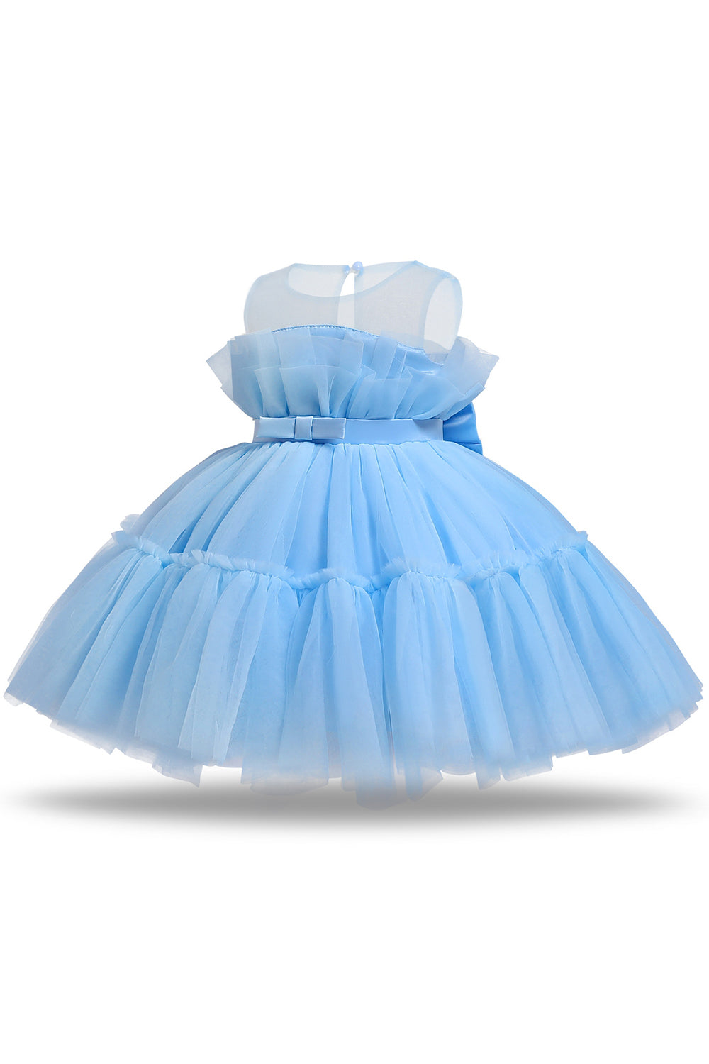 Robe de demoiselle d'honneur trapèze bleue en tulle avec nœud