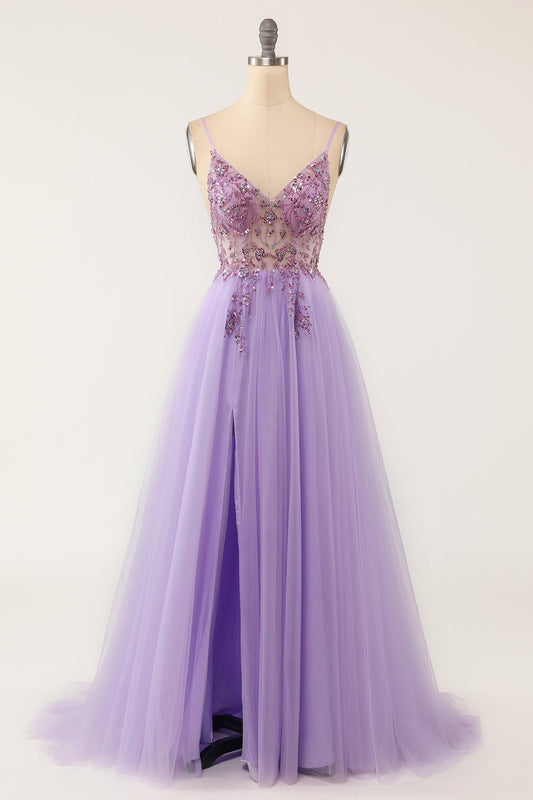 Vestido largo de fiesta de tul con cuentas moradas