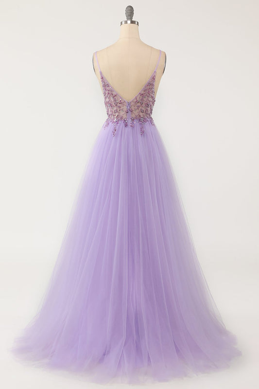 Vestido largo de fiesta de tul con cuentas moradas