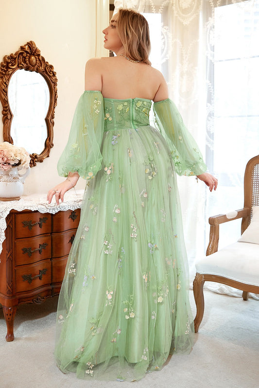 A-Line Off-the-Shoulder Green Plus Size Prom Dress with Embroidery