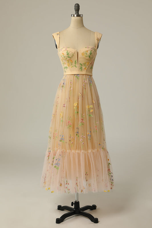A-Line Sweetheart Champagne Long Prom Dress with Embroidery