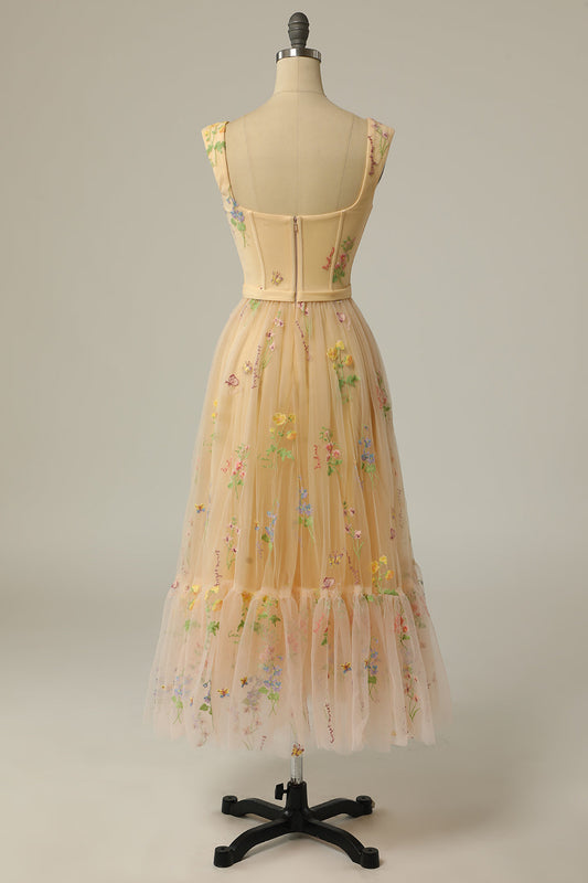 A-Line Sweetheart Champagne Long Prom Dress with Embroidery