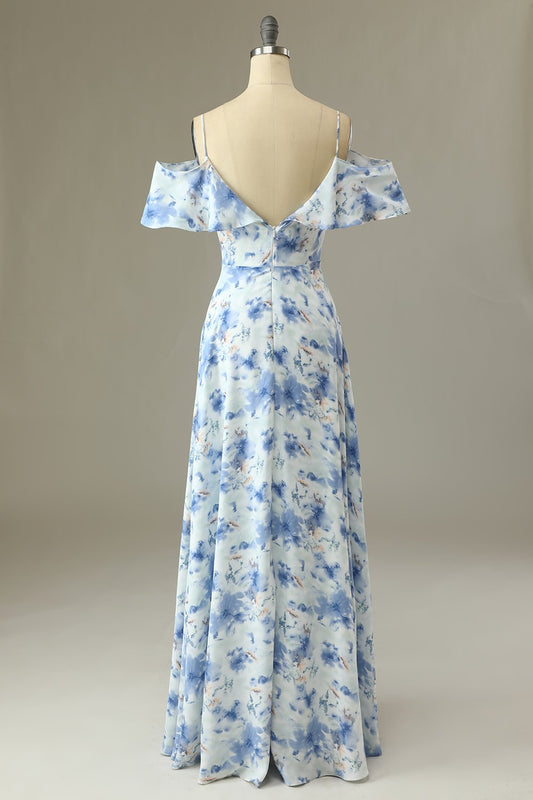 A-Line Off-the-Shoulder Blue Floral Print Long Bridesmaid Dress