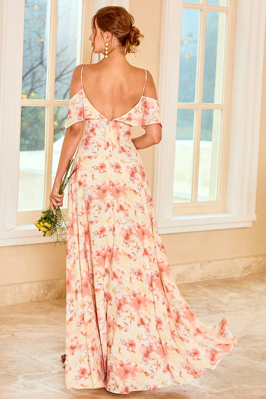 Printed Blush Bridesmaid Dress with Ruffle