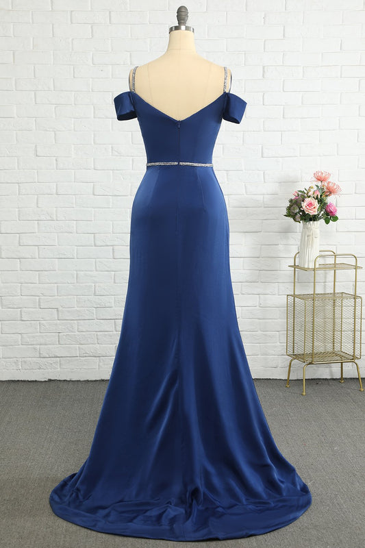Mermaid Off-the-Shoulder Navy Bridesmaid Dress with Beading