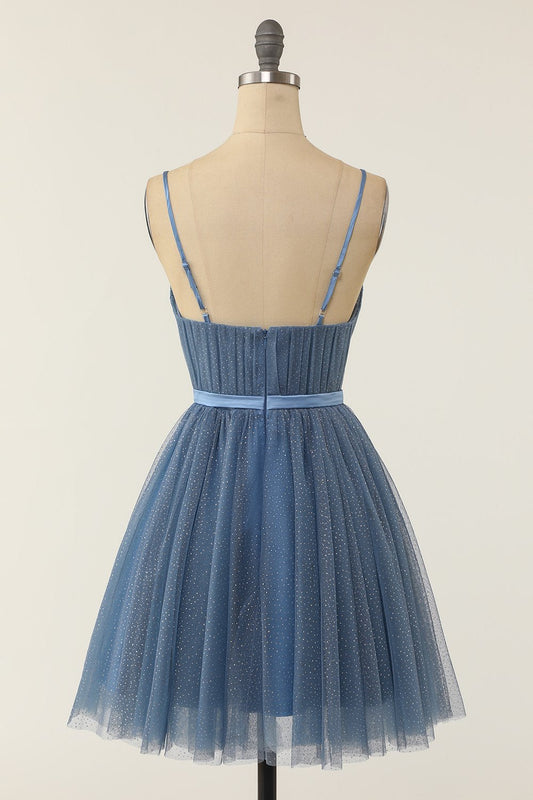 Vestido de graduación corto azul gris de tirantes espagueti línea A