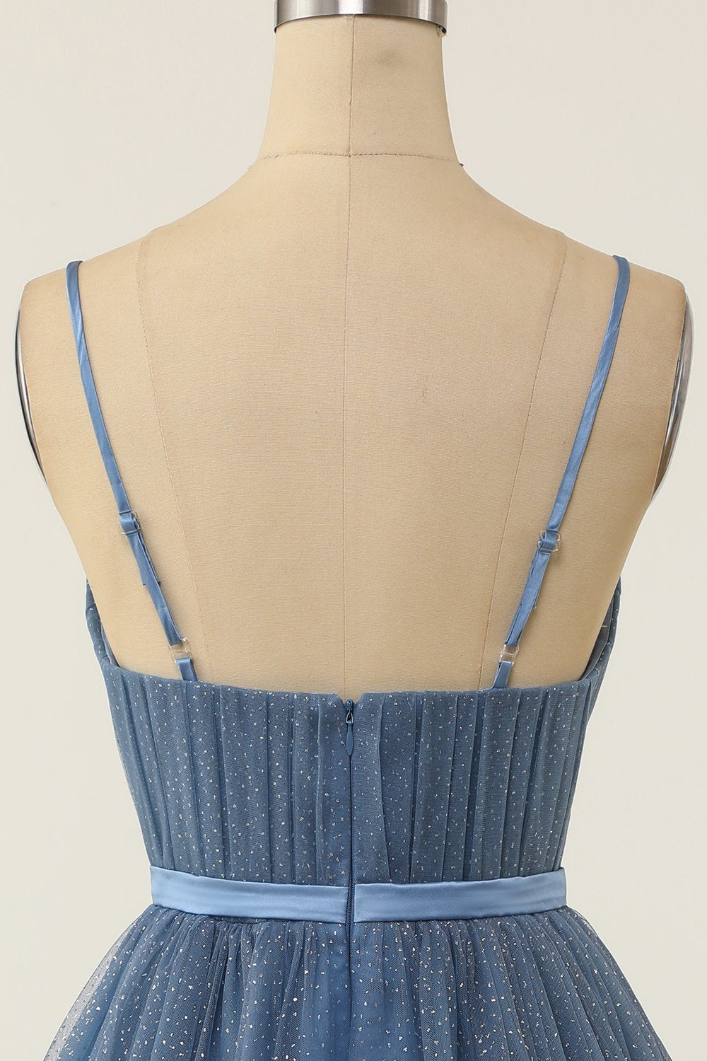 Vestido de graduación corto azul gris de tirantes espagueti línea A