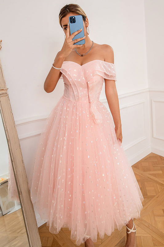 Pink Off-the-Shoulder Heart Prom Dress