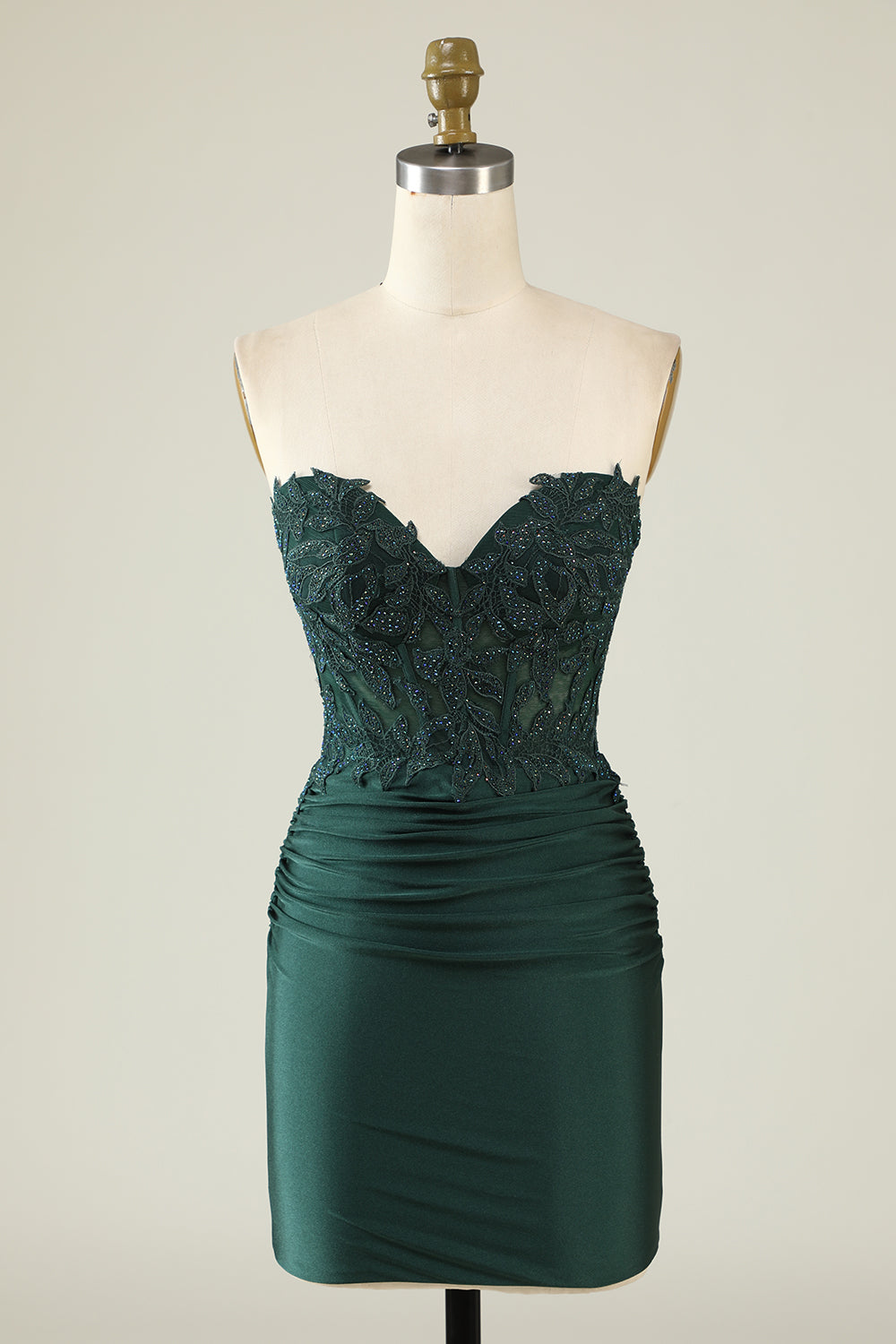 Robe de bal courte vert foncé bustier ornée de perles