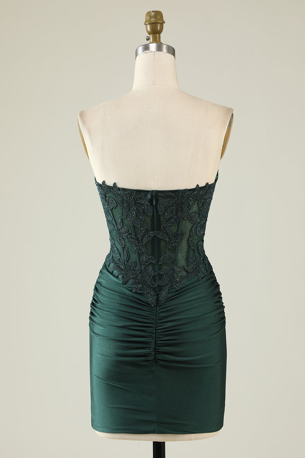 Robe de bal courte vert foncé bustier ornée de perles