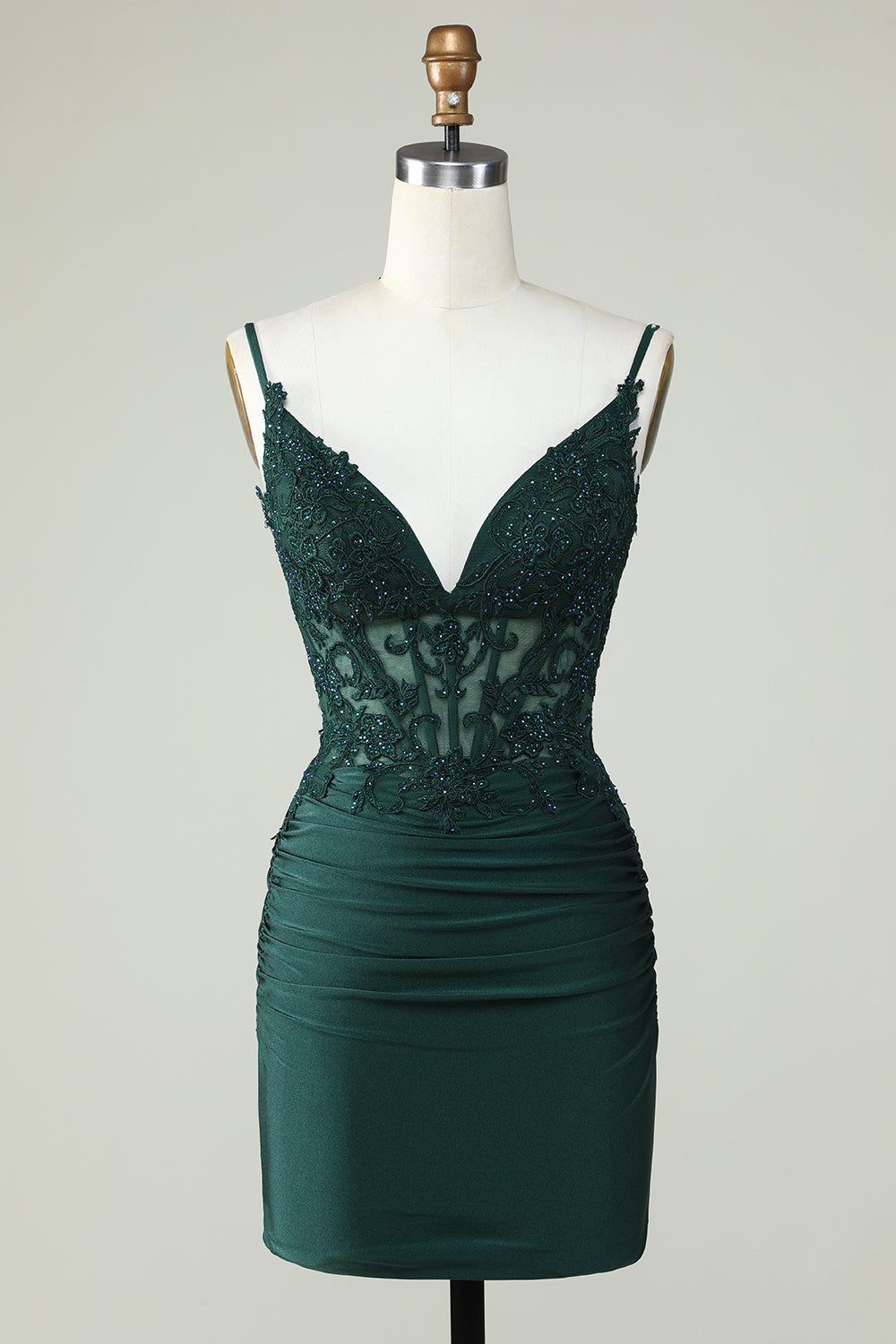 Robe de soirée corset vert foncé à fines bretelles et perles