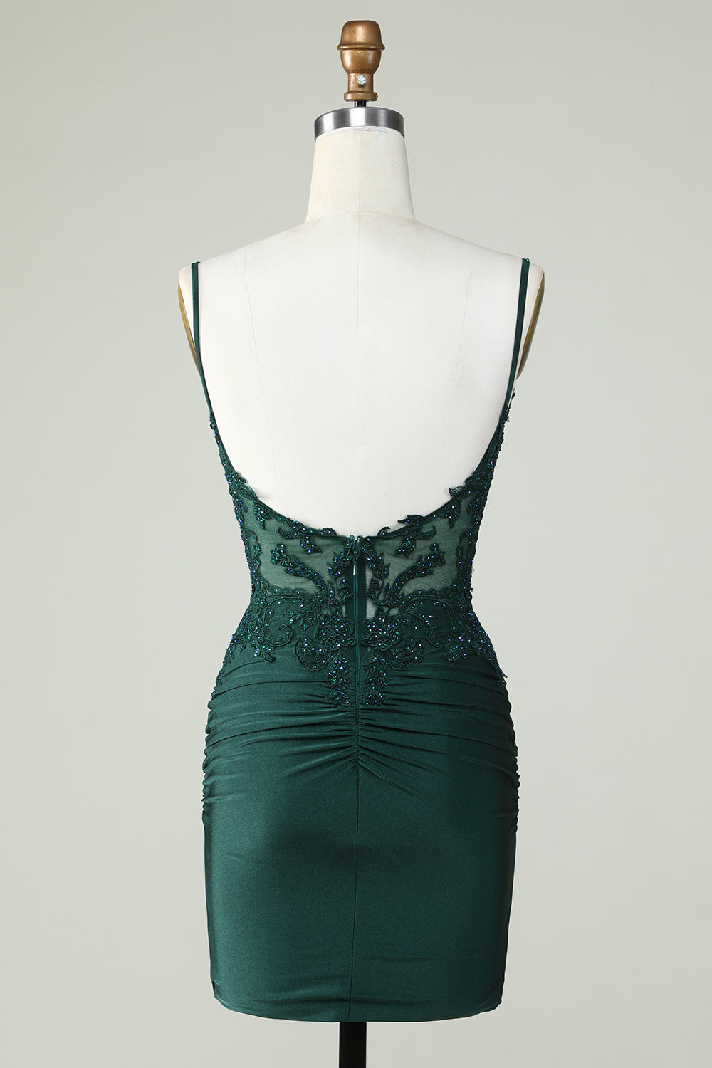 Robe de soirée corset vert foncé à fines bretelles et perles