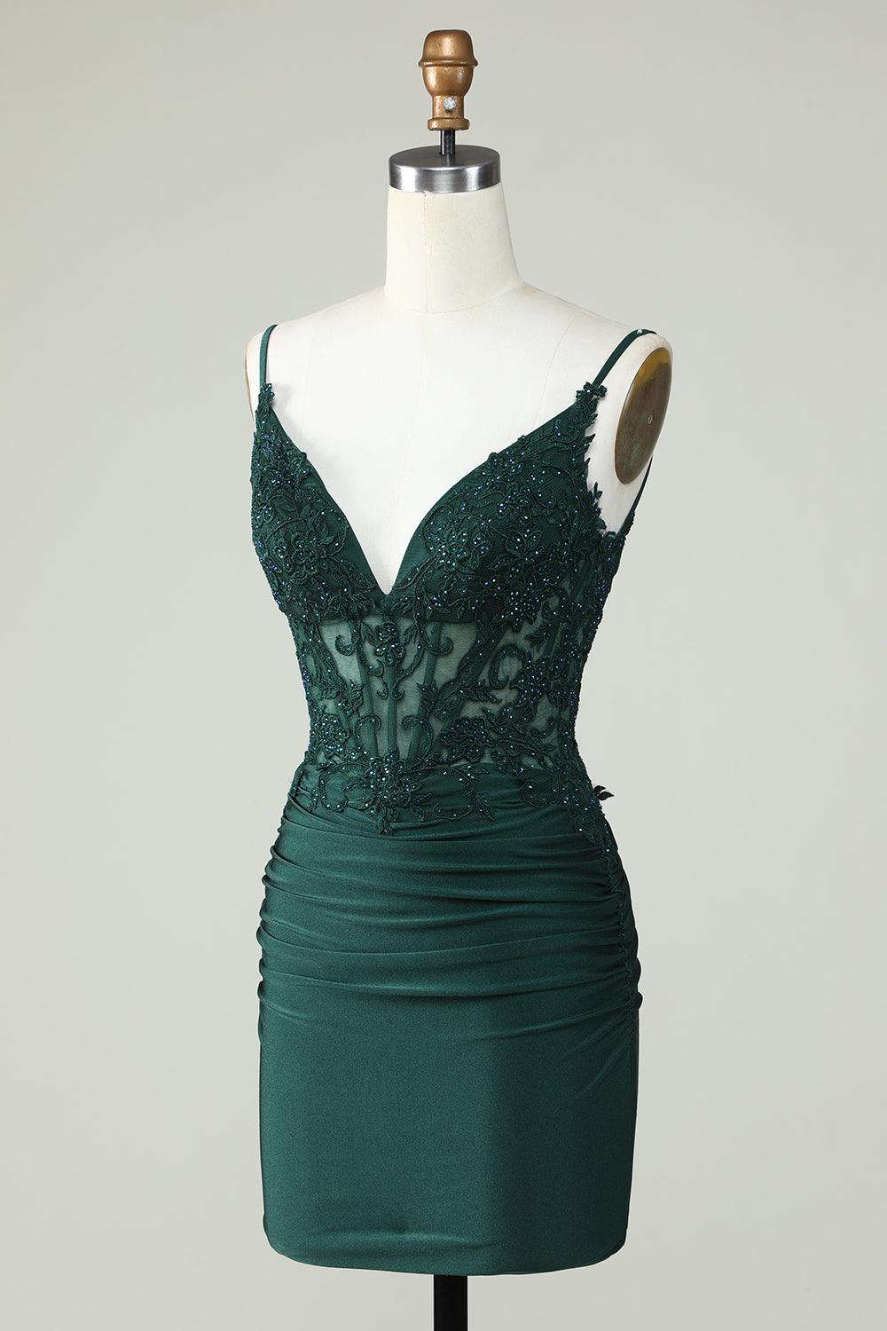 Robe de soirée corset vert foncé à fines bretelles et perles
