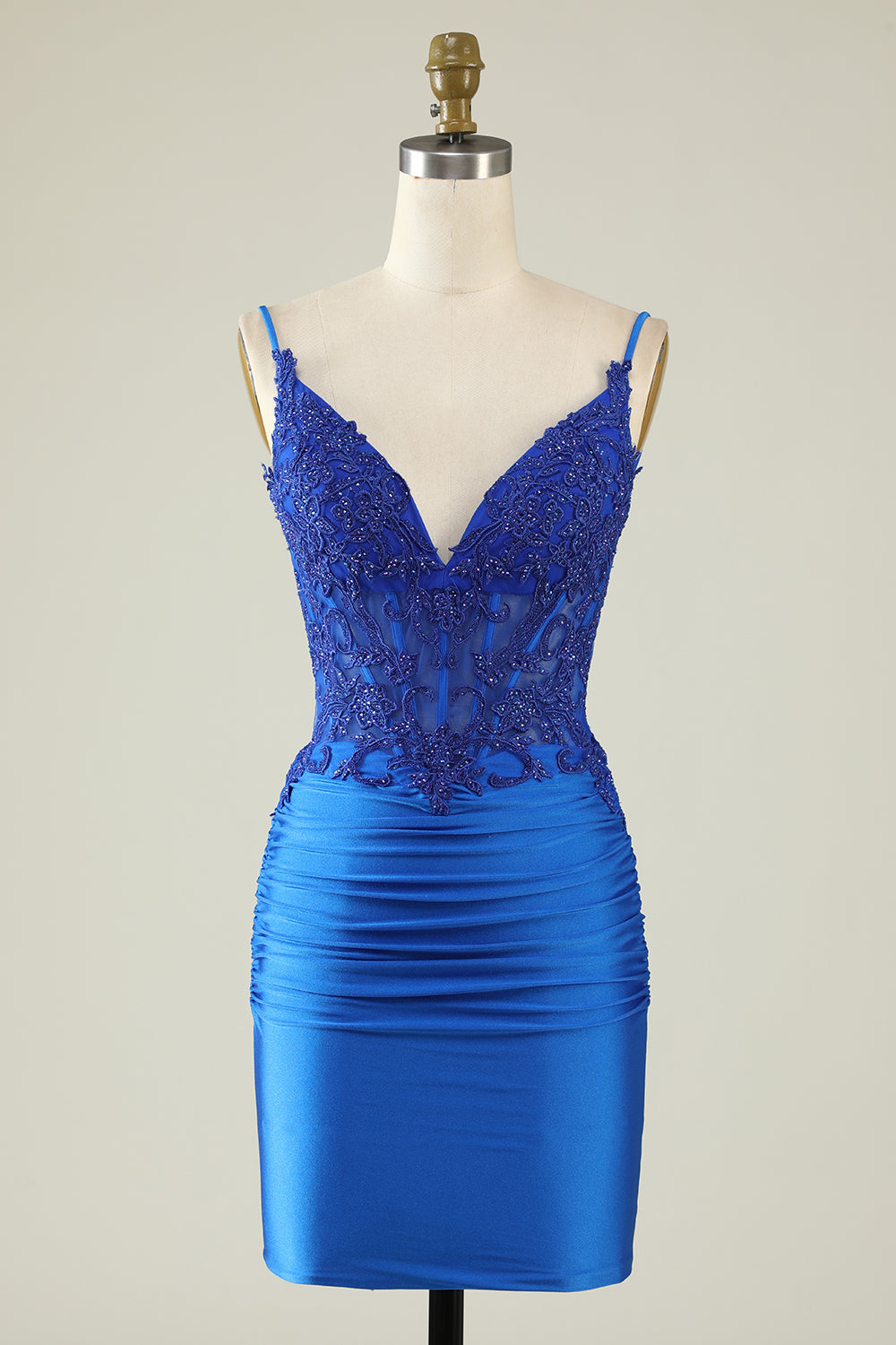 Robe de soirée corset vert foncé à fines bretelles et perles