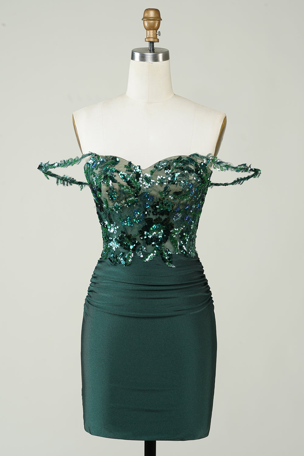 Robe de bal courte vert foncé fourreau unique à épaules dénudées avec appliques