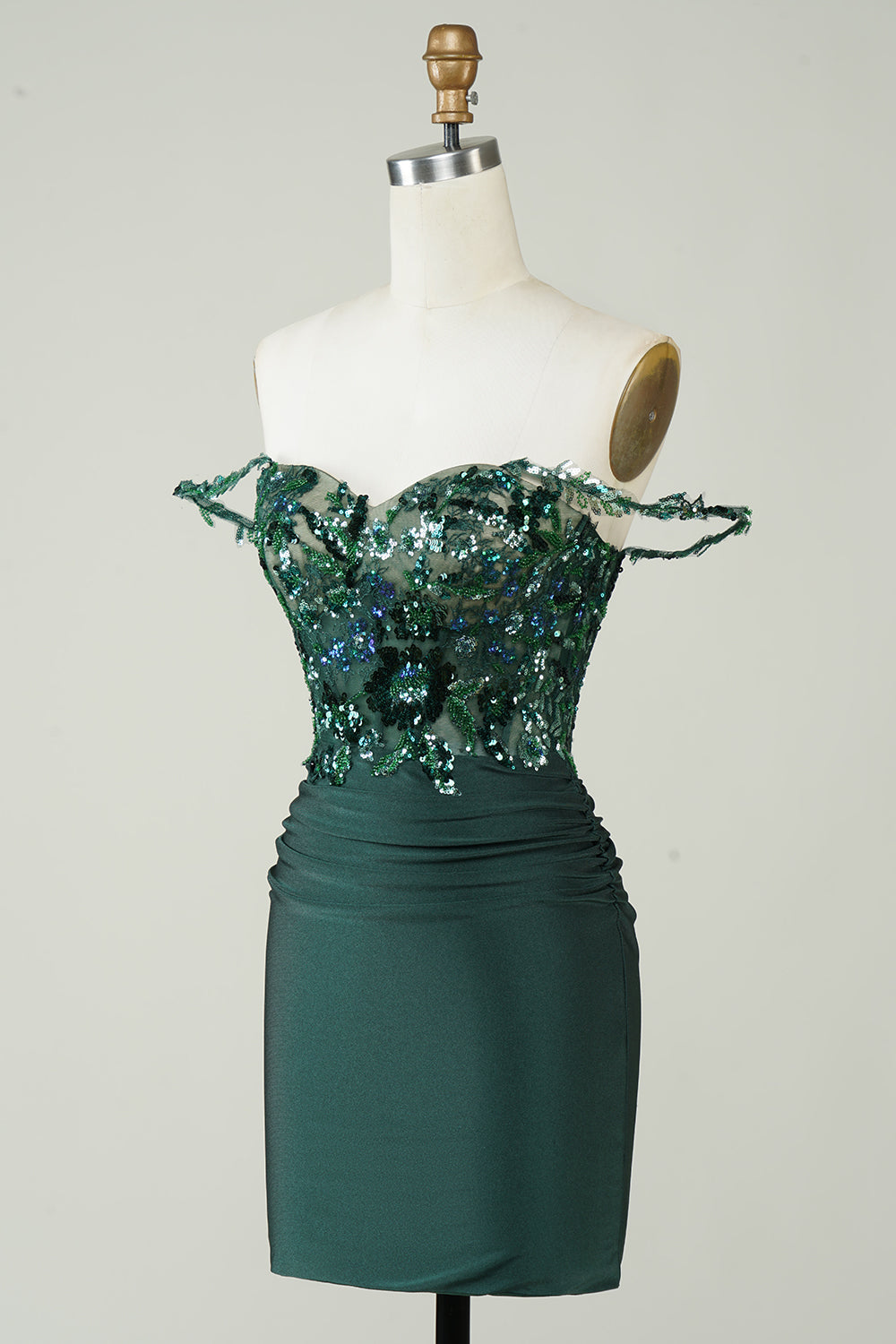 Robe de bal courte vert foncé fourreau unique à épaules dénudées avec appliques