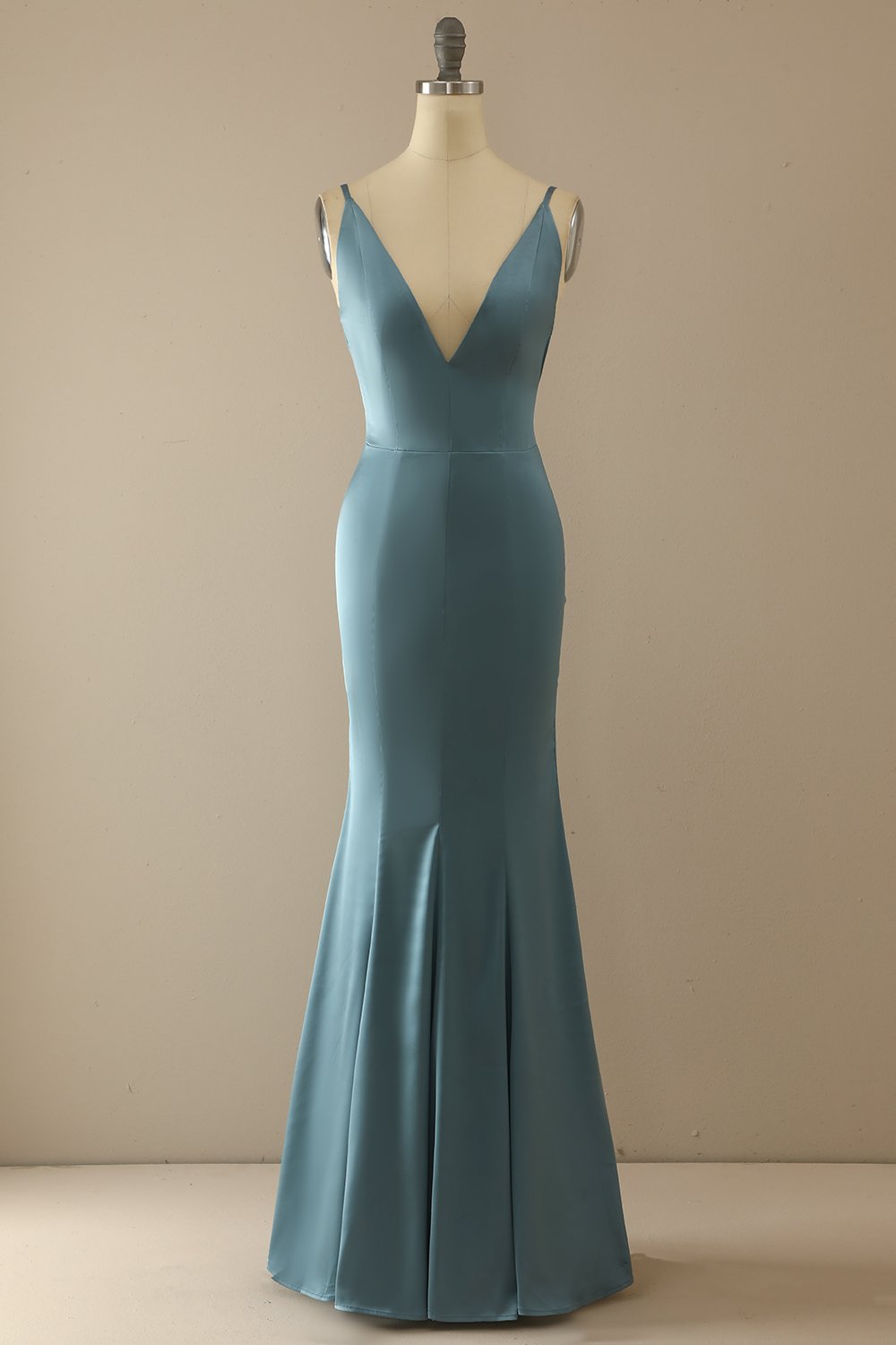 Robe longue de bal sirène bleue col en V