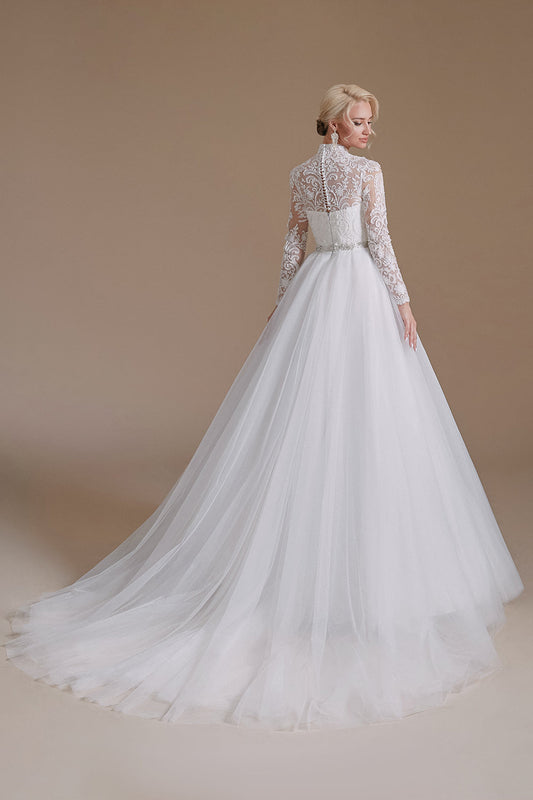 White A-Line High Neck Long Sleeve Lace Wedding Dress