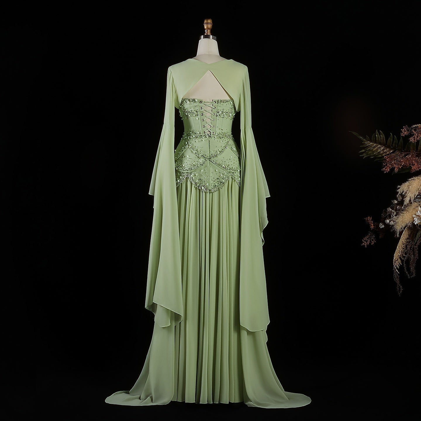 Robe de soirée bleue Muse™ pour l'été avec perles, franges et manteau fluide | L'élégance dans chaque détail
