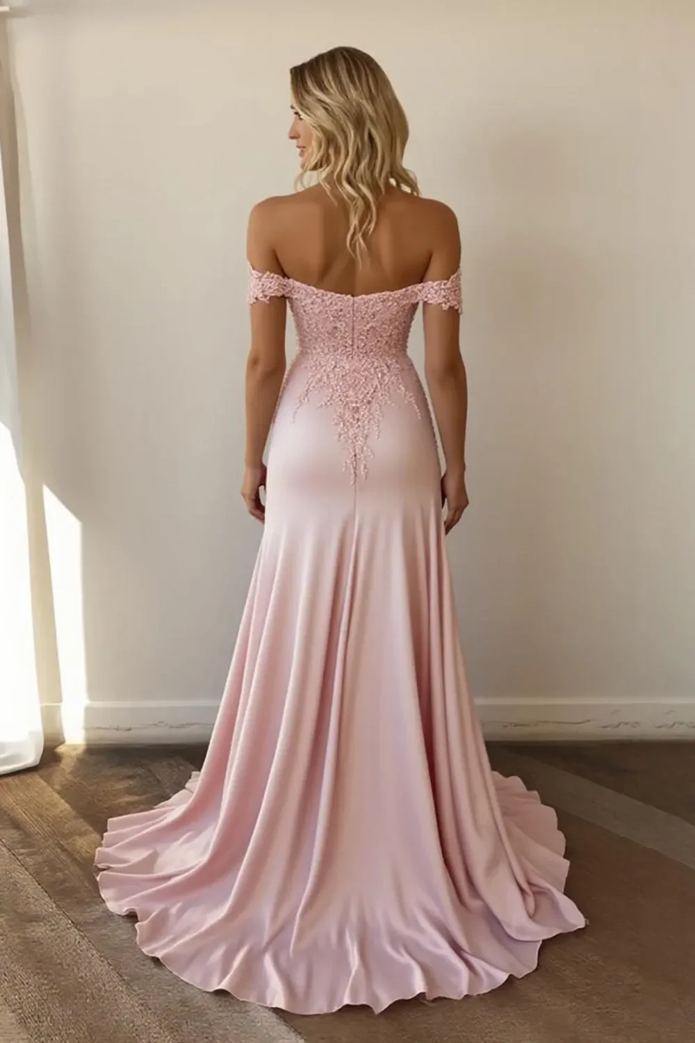 Pink Mermaid Off the Shoulder Long Formal Dress with Appliques