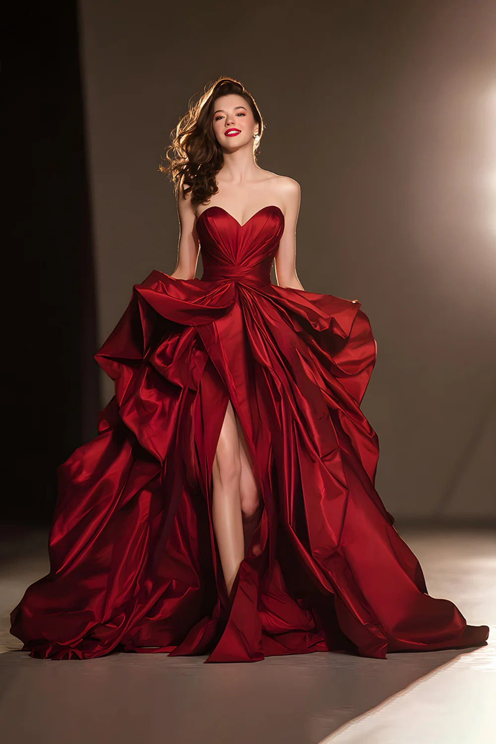 A-Line Sweetheart Dark Red Ruffle Pageant Dress with Slit