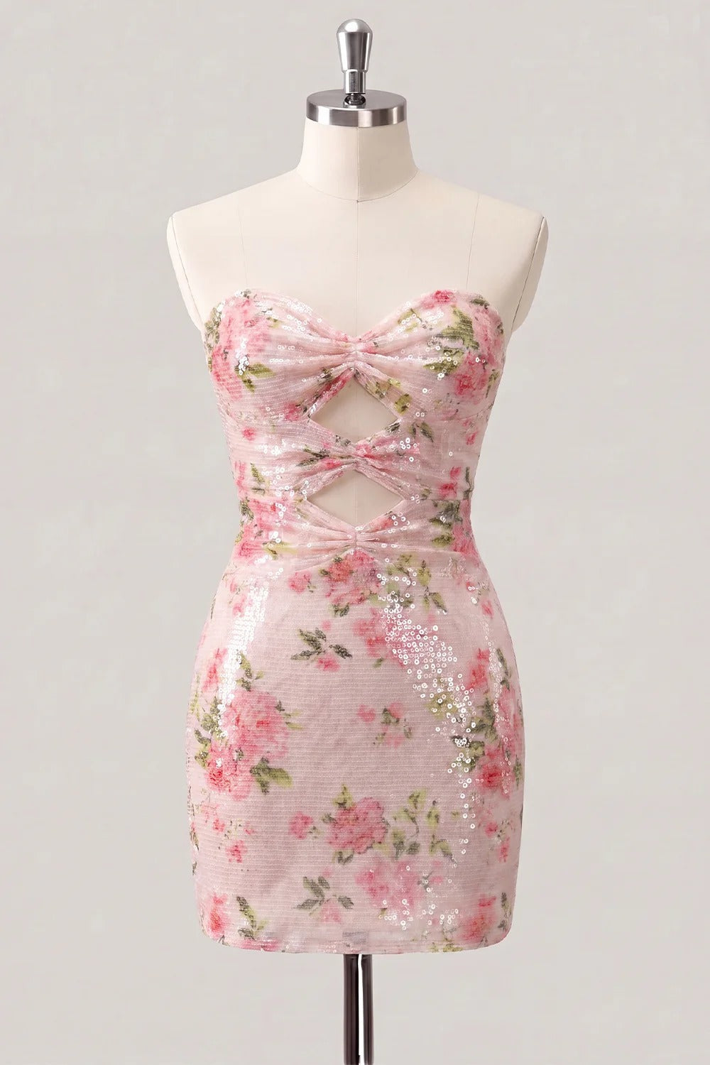 Sparkly Sweetheart White Key Hole Bodycon Floral Sequins Cocktail Dress with Lace Up Back