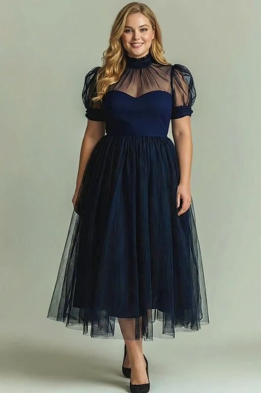 Dusty Blue A-Line High Neck Tulle Midi Formal Dress with Sleeves