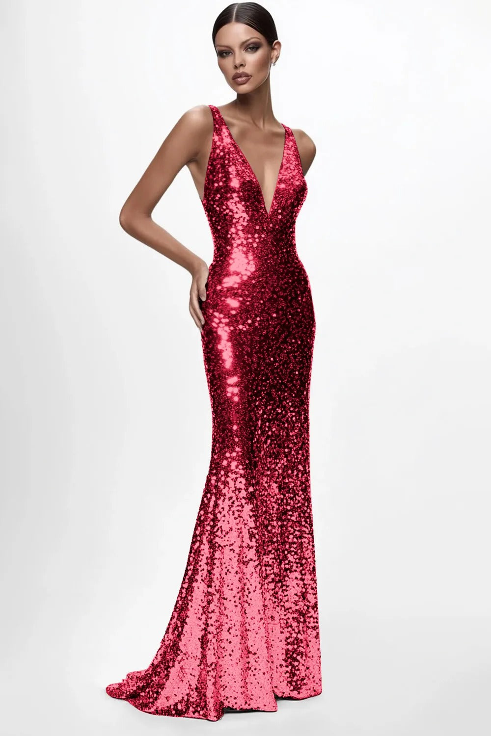Sparkly Silver V-neck Sequin Mermaid Long Formal Dress