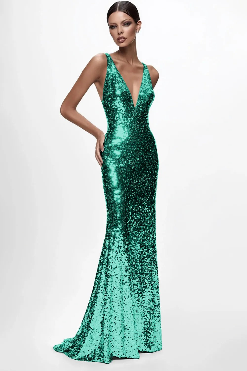 Sparkly Silver V-neck Sequin Mermaid Long Formal Dress