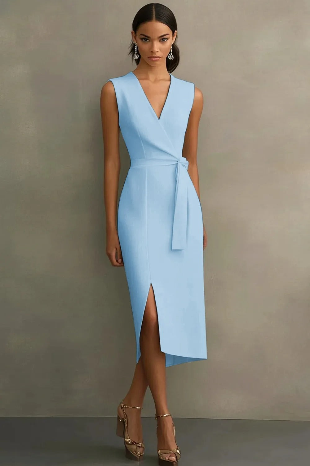 Fourreau en satin blanc avec décolleté en V et ceinture, longueur midi, robe de soirée