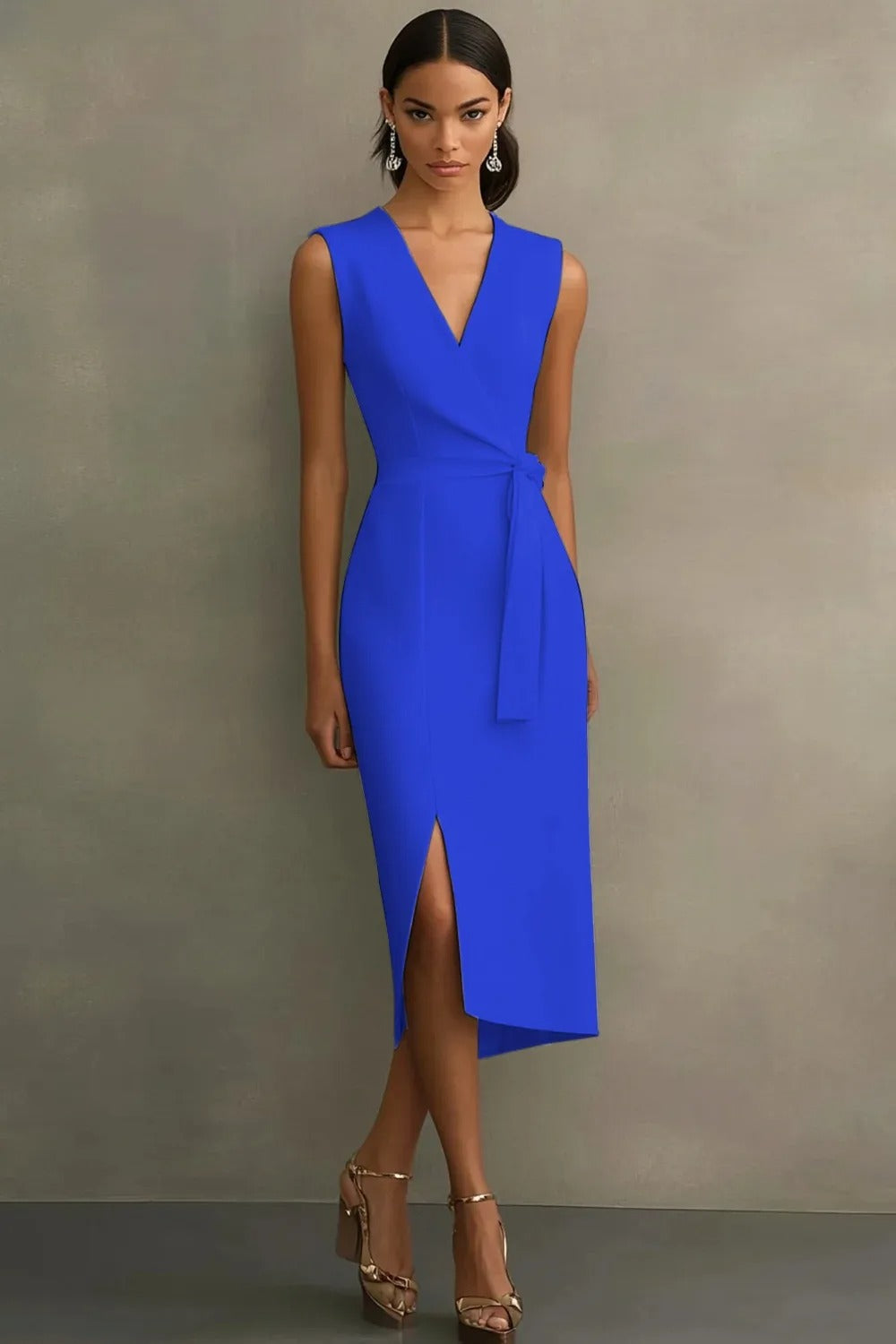 White Midi Sheath Satin V-Neck Formal Dress with Slit
