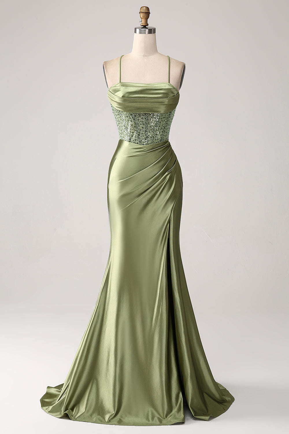 Robe de bal longue sirène verte à col bénitier, sequins et fente