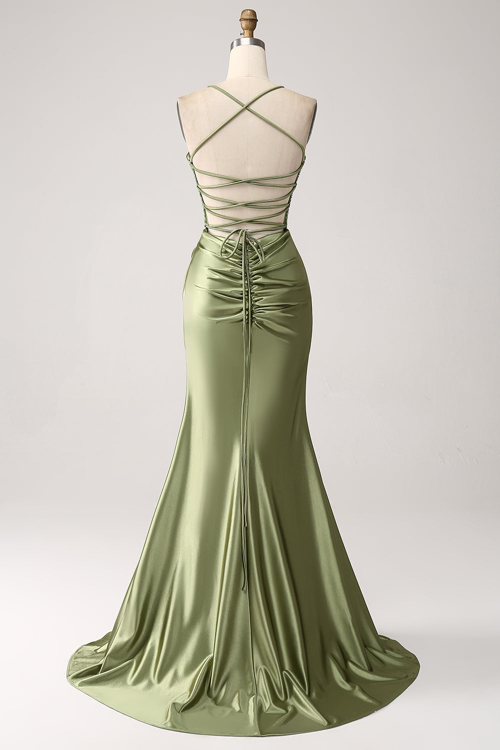 Robe de bal longue sirène verte à col bénitier, sequins et fente